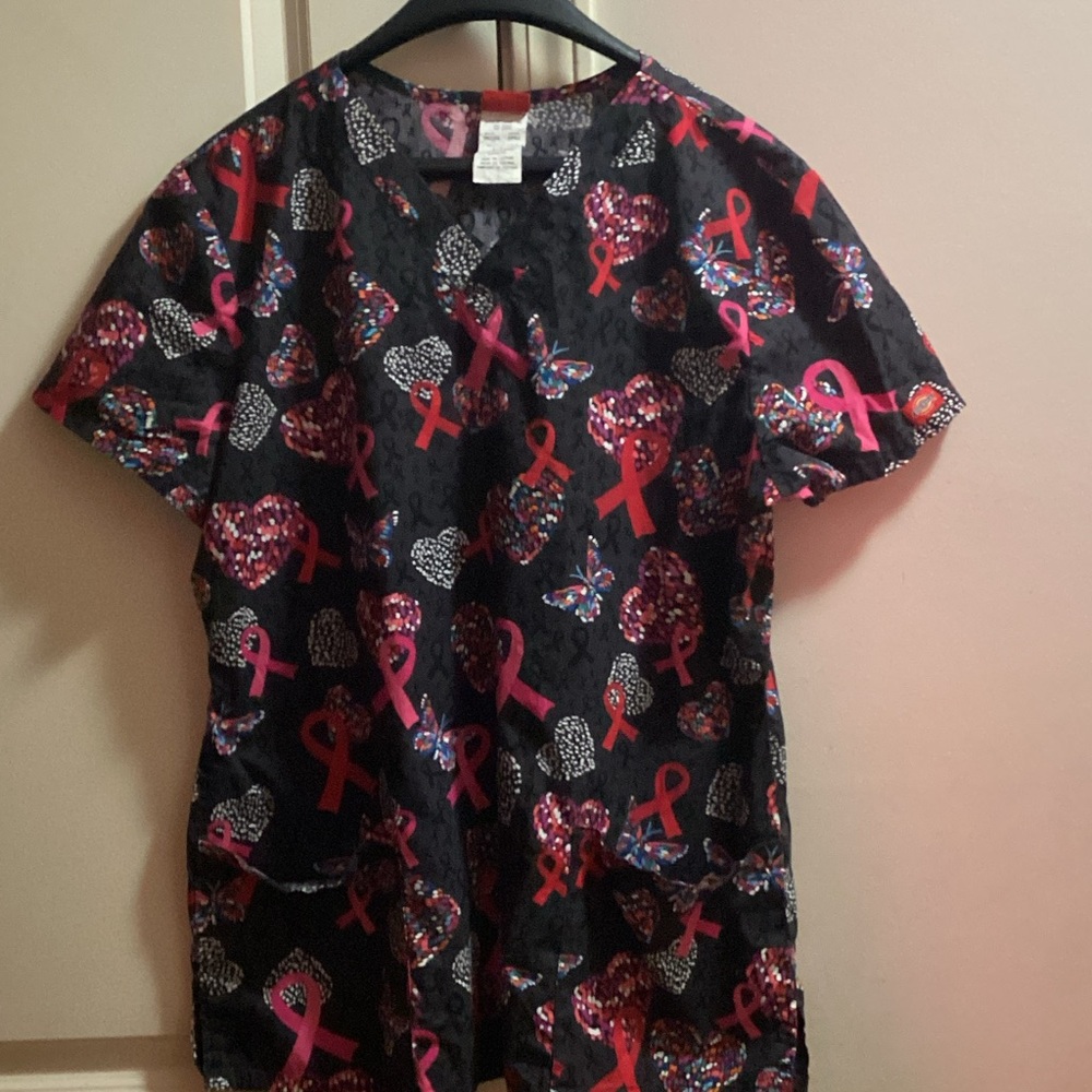 Pink Ribbon Print Scrub Top
